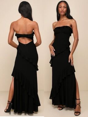 NWT Lulu’s Dramatic Allure Black Ruffled Cutout Strapless Maxi Dress Small Chic